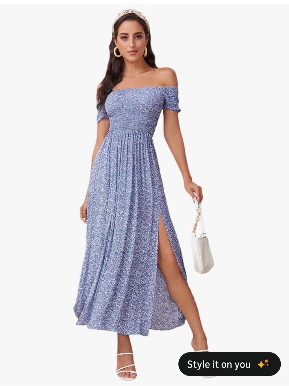 Off-Shoulder Light Blue Midi Dress with Side Slit